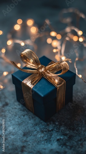 Elegant Blue Gift Box With Golden Ribbon and Warm String Lights in a Cozy Set...