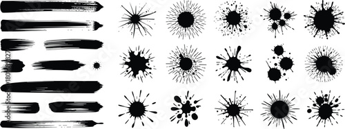 Black brush stroke and ink splatter vector set with textured paint smears, abstract blot shapes for graphic design and creative illustration projects