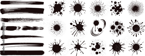 Black brush stroke and ink splatter vector set with textured paint smears, abstract blot shapes for graphic design and creative illustration projects