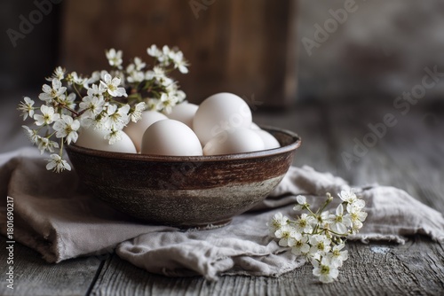 Fresh Eggs With Spring Blossoms in a Rustic Bowl on Wooden Table