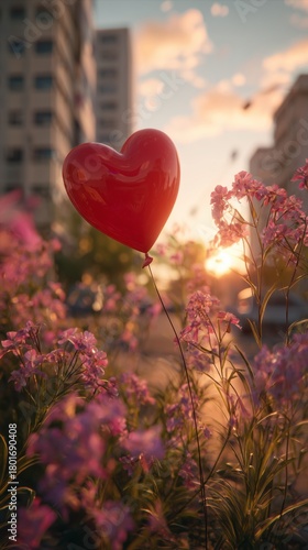 Red Heart Balloon Floats Above Pink Flowers During Golden Hour in a City Setting