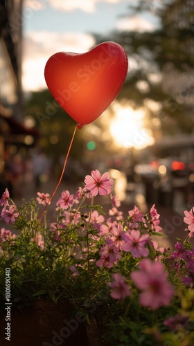 Heart-shaped Balloon Floats Above Pink Flowers During Sunset in a Bustling Ur...