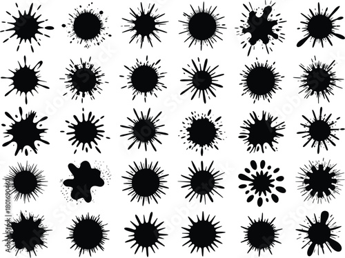 Black ink splatter vector collection with thirty unique burst shapes, messy spray stains, abstract blot elements for graphic design and creative illustration projects