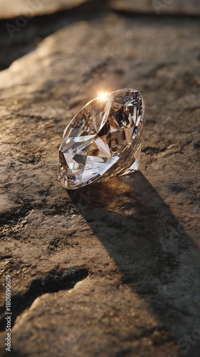 Sparkling Diamond Resting on a Rugged Surface During Golden Hour Light