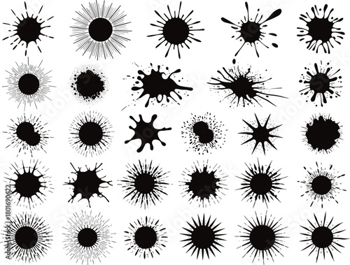 Black ink splatter vector collection with thirty unique burst shapes, messy spray stains, abstract blot elements for graphic design and creative illustration projects