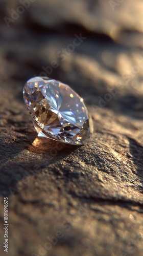 Sparkling Diamond Resting on a Rugged Surface During Golden Hour Light