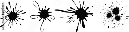 Black ink splatter vector set with abstract splash shapes, artistic blot elements, isolated messy droplets for graphic design, creative illustration projects