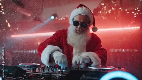 DJ Santa Claus mixing tracks on a controller at a Christmas nightclub party. Festive holiday event with energetic music and falling snow