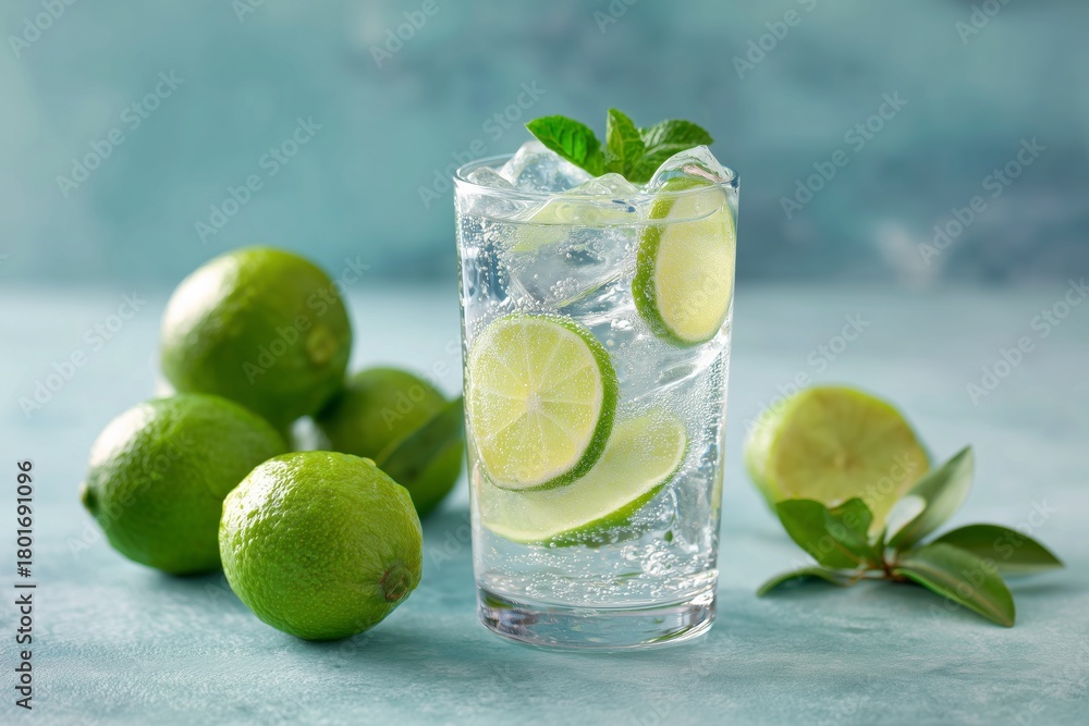 Fototapeta premium Refreshing Lime Drink Served With Fresh Limes on a Light Blue Background