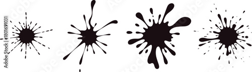 Black ink splatter vector set with abstract splash shapes, artistic blot elements, isolated messy droplets for graphic design, creative illustration projects
