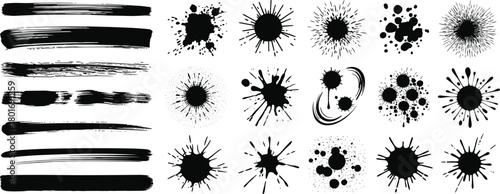 Black brush stroke and ink splatter vector set with textured paint smears, abstract blot shapes for graphic design and creative illustration projects