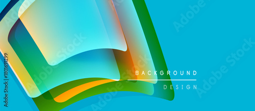 Abstract dynamic shapes, vibrant colors, modern design. Blue backdrop enhances flowing lines, creating visual interest.