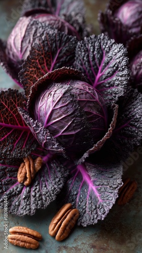 Fresh Red Cabbage and Pecans Arranged Beautifully on a Wooden Surface