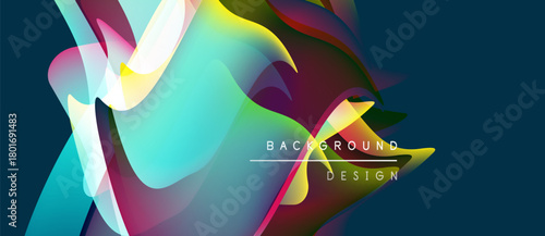 Abstract colorful shapes blend, creating dynamic visual experience. Background features gradients, curves, text elements. Modern design.