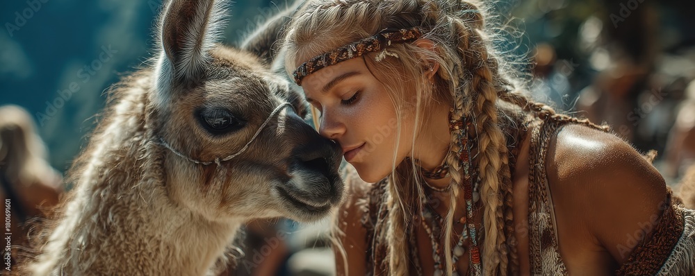 Obraz premium Woman sharing a gentle moment with a llama in a scenic setting