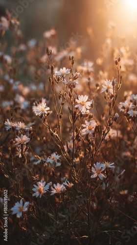 Sunlight Illuminates Blooming Wildflowers in a Serene Field at Dusk