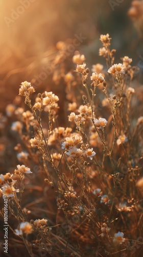 Golden Sunlight Illuminates Blooming Flowers in a Tranquil Field During Eveni...