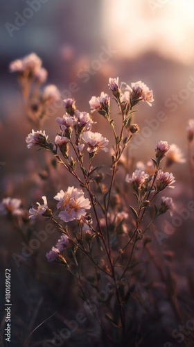 Golden Sunlight Illuminates Blooming Flowers in a Tranquil Field During Eveni...