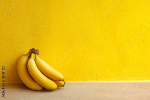 Yellow Bananas Arranged on a Vibrant Yellow Wall in a Bright Setting