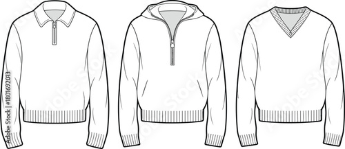 Set of long sleeve knitwear tops, hoodie, v-neck, zipper collar, cad drawing flat vector illustration, technical fashion sketch template.Set of long sleeve knitwear tops, hoodie, 