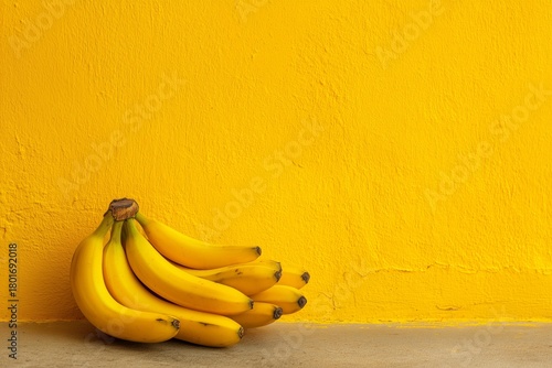Ripe Bananas Hanging Against a Bright Yellow Background in a Simple Display o...