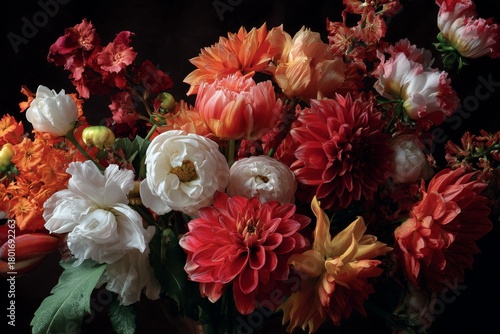 Vibrant Bouquet of Mixed Flowers Showcasing Bright Colors and Varied Shapes A...