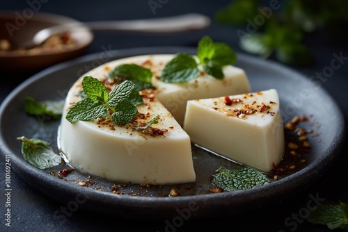 Delicious Dessert Served on a Dark Plate With Fresh Mint and Nuts for Garnish