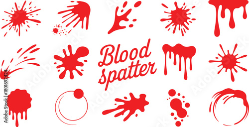 Blood spatter vector collection with red splashes, dripping stains, abstract splat shapes, isolated liquid blot elements for graphic design, illustration set