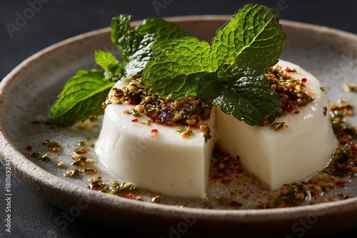 Delicious Panna Cotta Dessert Topped With Fresh Mint and Crumbs Served on a M...