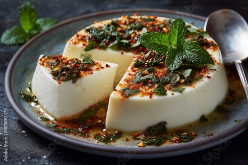 Delicious Dessert Served on a Dark Plate With Fresh Mint and Nuts for Garnish