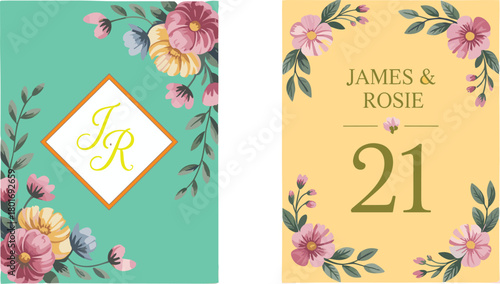 Elegant floral wedding invitation set with bride and groom illustration, romantic botanical design, pastel flowers, monogram layout, decorative anniversary card templates