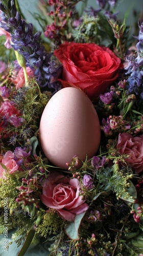 Colorful Floral Arrangement With Pink Egg in Decorative Vase During Spring Se...