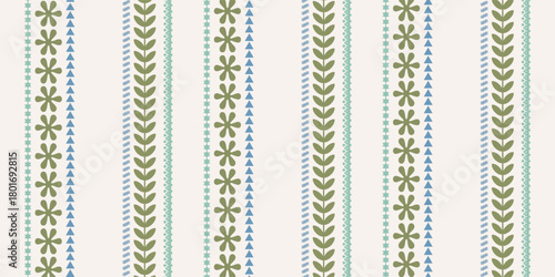 Seamless pattern with ink doodle abstract flowers and strokes in vertical stripes. Trendy cottage core background. Hand drawn vector illustration. Boho, beach, preppy wallpaper.