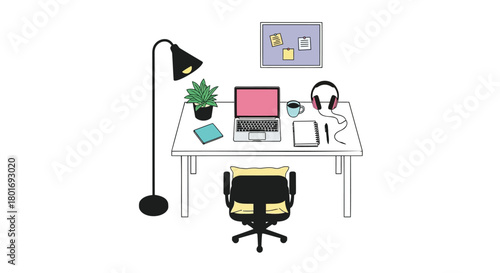 Modern home office desk setup with laptop headphones plant and floor lamp for remote work