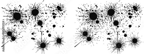 Grunge ink splatter texture set with high-contrast spray effects, abstract burst stains, messy droplets for graphic design, digital artwork backgrounds