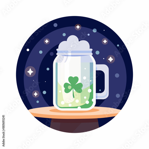 Jarra de cerveza de cristal con cerveza verde y un trébol grabado, símbolo típico de la fiesta de san patricio irlandesa, sobre superficie de madera y fondo verde con bokeh en movimiento See Less