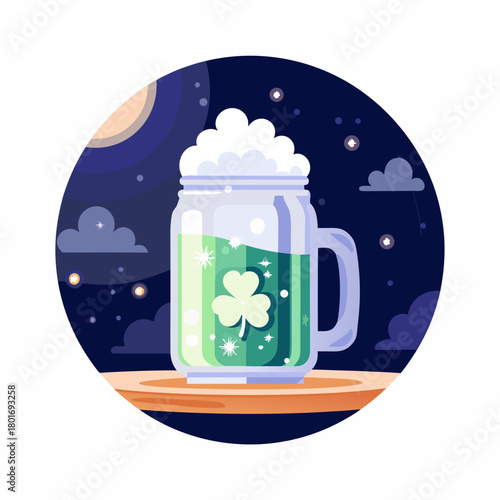 Jarra de cerveza de cristal con cerveza verde y un trébol grabado, símbolo típico de la fiesta de san patricio irlandesa, sobre superficie de madera y fondo verde con bokeh en movimiento See Less