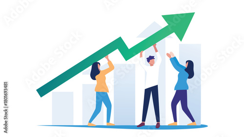 Diverse group of people working together to lift a large upward pointing arrow symbolizing company growth teamwork and success in a collaborative business environment