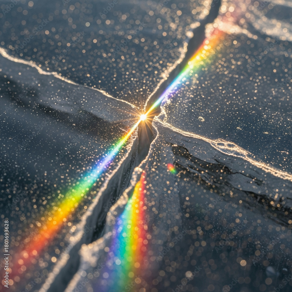 Naklejka premium A macro image of a crack in a dark ice column; a ray of light falls at a certain angle, is refracted at the edges of the fault and breaks up into a bright rainbow spectrum.