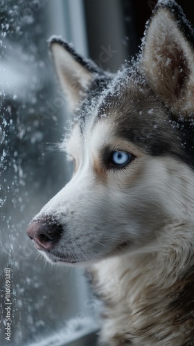 Beautiful Husky Looks out of a Snow-Covered Window on a Winter Day
