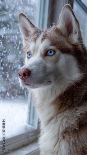 Siberian Husky With Striking Blue Eyes Gazes out at Winter Snowfall From a Co...