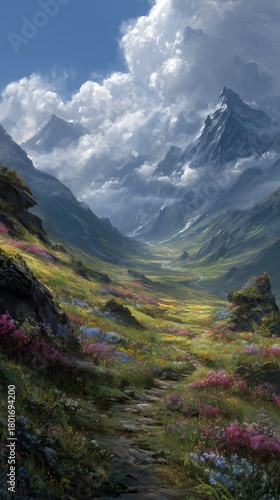 Vibrant Flowers Bloom in a Serene Valley Surrounded by Majestic Mountains Dur...