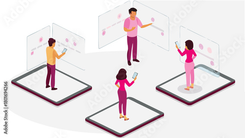 Dynamic professional development seminar illustration featuring diverse people collaborating and engaging in learning activities suitable for business and education contexts