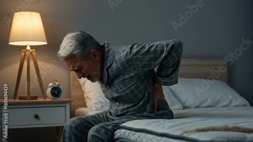 Elderly man in pajamas sitting on bed, experiencing back pain, with a bedside lamp and alarm clock