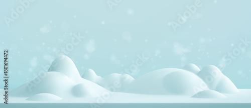 Winter snow background. 3d snowy cartoon landscape. 3d white hill, pile, snowdrift, mountain, flying snow in sky. Vector winter podium for New Year, Christmas scene, animation, product presentation