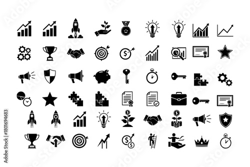 Silhouette pack of 40 black Business Growth and Success icon set with pure white background