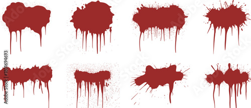 Red dripping splatter vector set with paint blot textures, spray burst stains, abstract liquid shapes for graphic design, creative illustration projects
