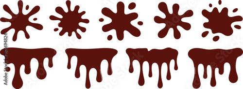 Red splatter and dripping paint vector set with bold liquid blot shapes, messy splash elements for graphic design, modern illustration projects