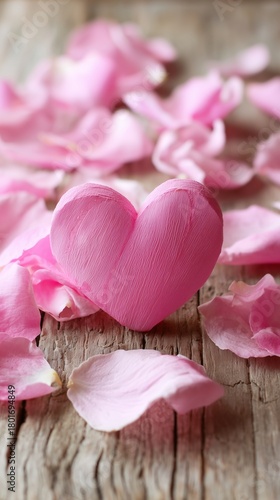Pink Heart on Wooden Surface Surrounded by Rose Petals Creates Romantic Atmos...