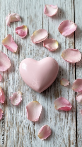 Pink Heart on Wooden Surface Surrounded by Rose Petals Creates Romantic Atmos...